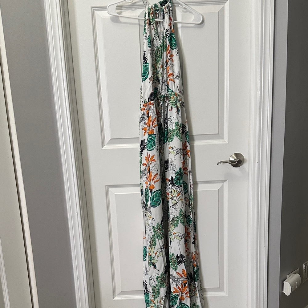 City Chic Tropical Print Jumpsuit - White and Green